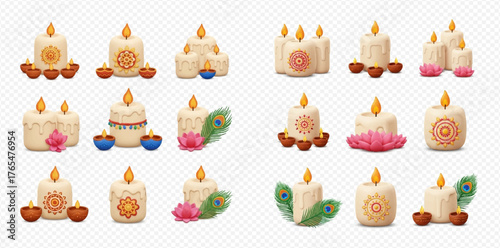 Collection of decorative candles with intricate designs and accompanying elements.