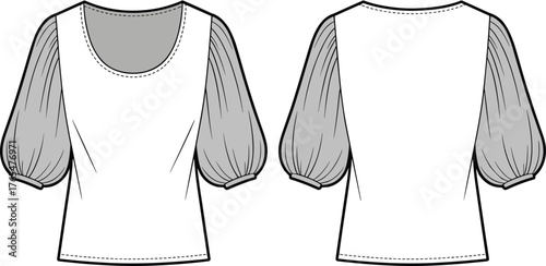 Women’s puff sleeve blouse flat sketch, short balloon sleeve top CAD, scoop neck fashion vector technical drawing template