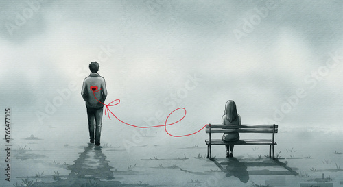 A poignant illustration of a man walking away from partner with a red heart string, a powerful image for articles on love and loss.