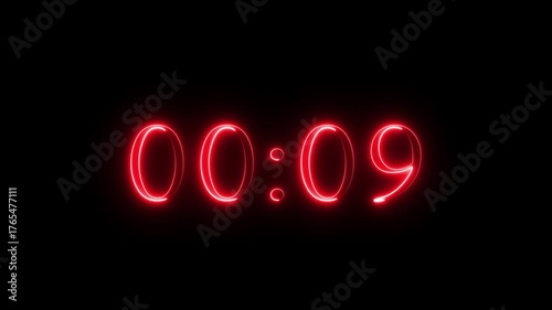 Neon 14 seconds countdown number animation. Countdown timer  animation from 14 to 0 seconds on black background.