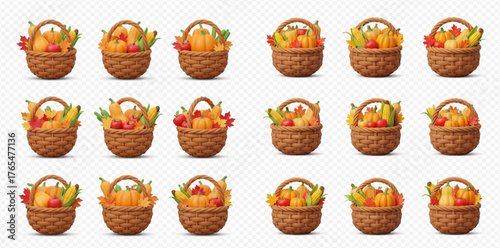 A grid of woven baskets filled with autumn harvest items like pumpkins, corn, and apples, creating a seasonal and bountiful display.