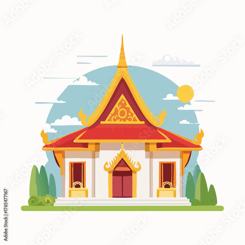 Temple thaïlandais stylisé isolé or et rouge