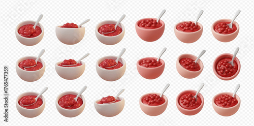 Collection of bowls filled with red jam and a spoon, presented in various angles.