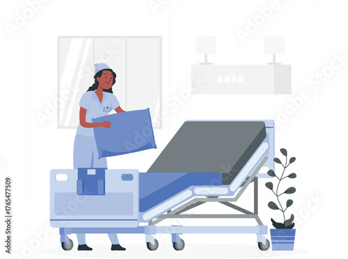 Nurse adjusting a pillow on a hospital bed with medical equipment and a plant vector illustration