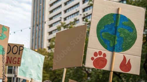climate protest movement Colorful signs promoting environmental awareness at a protest, featuring Earth and nature symbols.
