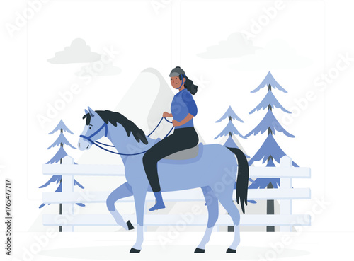 Woman riding a horse in a winter landscape with snow-covered trees and mountains horse riding