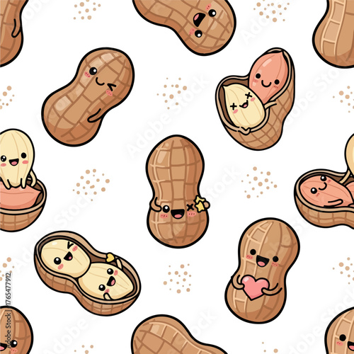 Kawaii cartoon peanuts with smiling faces and blush cheeks on a white background with orange dots, in a playful and whimsical pattern.