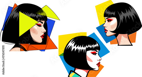 Stylish women with bob haircuts in geometric designs