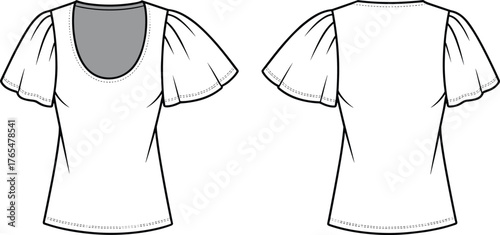 Women’s puff sleeve scoop neck top flat sketch, elegant blouse technical fashion drawing, apparel design vector template for CAD illustration