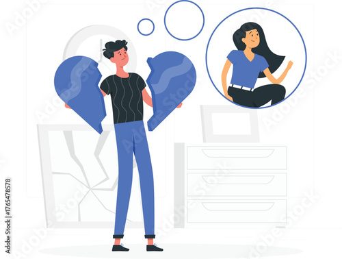 Sad young man holding broken heart with woman in thought bubble relationship breakup sadness