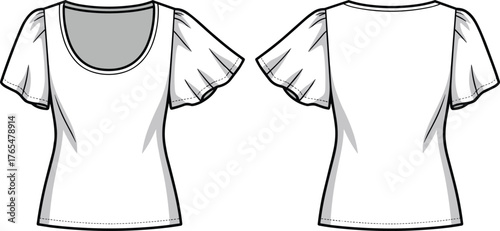 Women’s flutter sleeve scoop neck top flat sketch, stylish blouse technical fashion drawing, clothing design vector template for CAD illustration