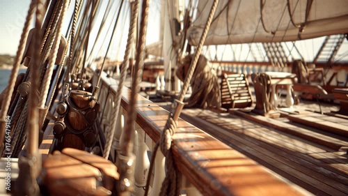Deck of an old sailing ship navigating the sea