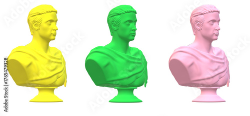 Three colorful busts of a man in yellow green and pink against a showing classical sculpture in a modern and vibrant style