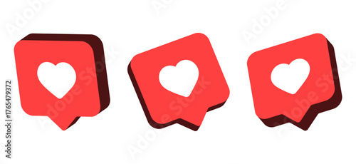 3D red like icon set, Like or Heart notification speech bubble representing love, social media likes, and engagement, love, favorite, internet, and app design. for digital marketing, social network