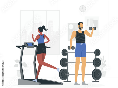 Woman Running On Treadmill And Man Lifting Dumbbells In Gym illustration