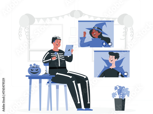 Man in skeleton costume on video call for Halloween celebration with friends dressed as witch and vampire