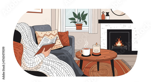 Cozy evening reading by the fireplace, with a warm blanket and a hot drink