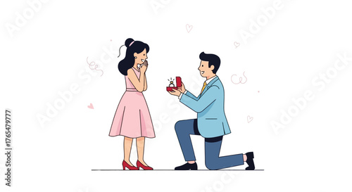 Man proposing to woman with engagement ring on knee with gift box and hearts