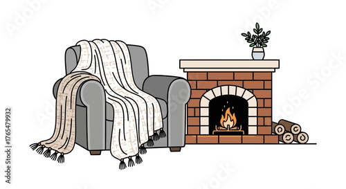 Cozy Living Room Scene with Armchair, Fireplace, and Warm Blankets for Relaxation