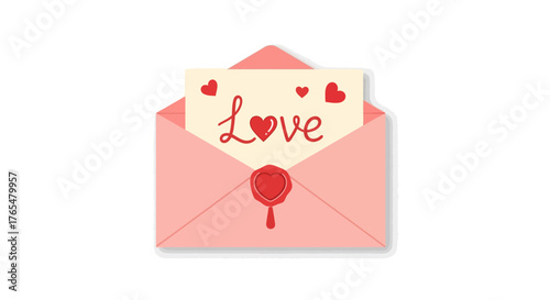 A romantic love letter in an open pink envelope with a red wax seal, a vector illustration message for Valentine's Day