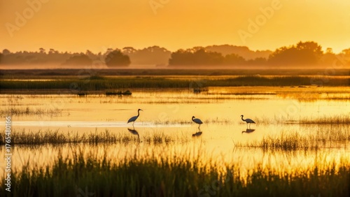 morning bird watching Serene wetland at sunset with birds standing in shallow water and golden light reflecting on the landscape.