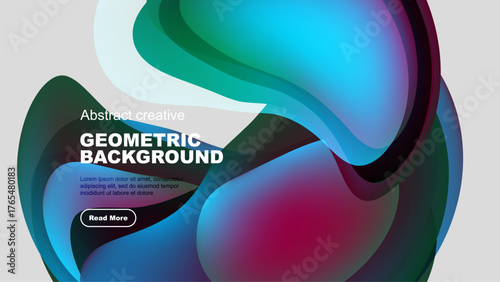 Fluid shapes overlap, creating vibrant abstract background. Modern design features bold text, button. Dark backdrop enhances color contrast.