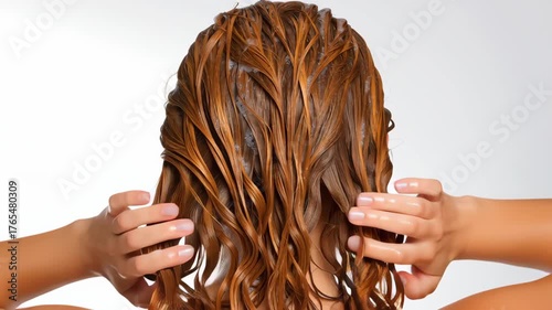 Woman massaging scalp with shampoo on white background