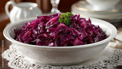 Bowl of red cabbage sauerkraut garnished with parsley