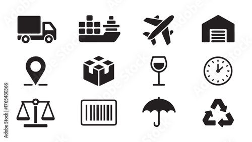 Collection of essential shipping and packaging icons for logistics and delivery