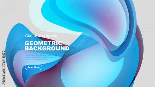 Abstract fluid shapes, vibrant blues, whites create dynamic background. Text overlay promotes further engagement. Modern design elements present.