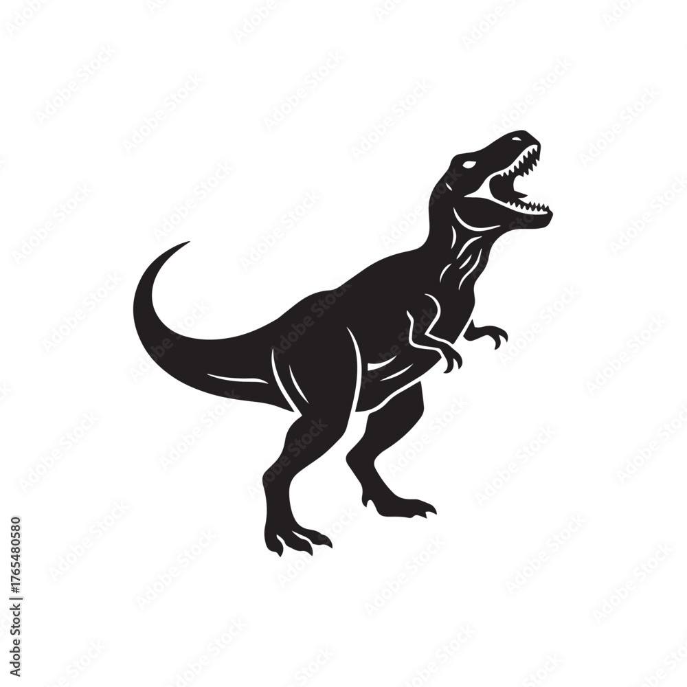 Obraz premium Silhouette of a dinosaur in dynamic roaring posture, isolated on white background. Black vector illustration of prehistoric animal, T-Rex or similar species, simple clean design for logo, poster