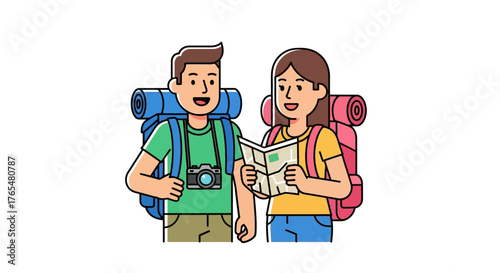 Couple of Travelers with Backpacks and Map, Ready for Adventure and Exploration