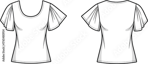 Women’s flutter sleeve scoop neck blouse flat sketch, elegant fashion top technical drawing, clothing design vector template for CAD illustration