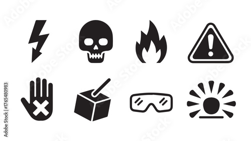 Collection of universal safety and warning icons for various applications