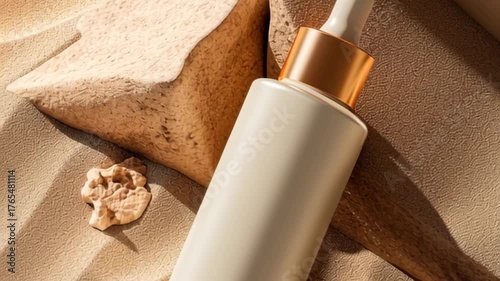 Cosmetic serum bottle on a sand background