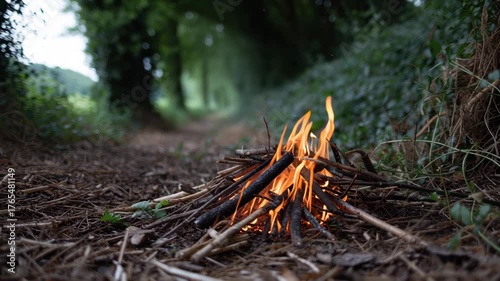 Small campfire burning on a forest path