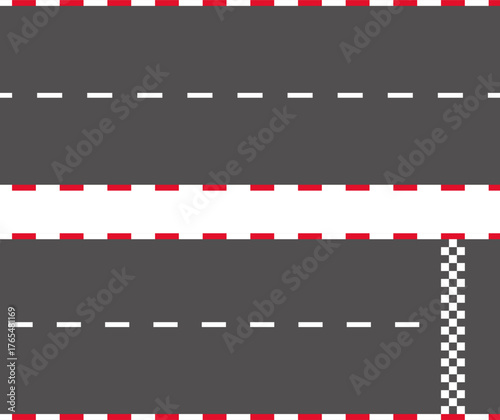 Race road start and finish, sport asphalt racetrack, wavy road top view, winding curves asphalt road vector.