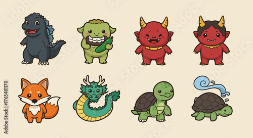 Diverse Japanese Mythical Creatures and Monsters Cartoon Illustration