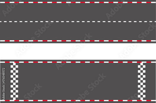 Race road start and finish, sport asphalt racetrack, wavy road top view, winding curves asphalt road vector.