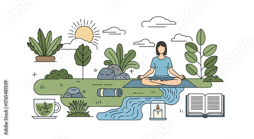 Meditative Retreat Illustration Serene Scene of Yoga, Nature, and Tranquility
