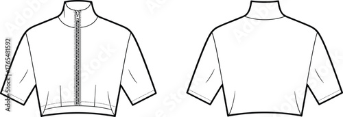 Women’s cropped zip-up mock neck top flat sketch, half sleeve technical fashion drawing, garment design vector illustration for apparel CAD template