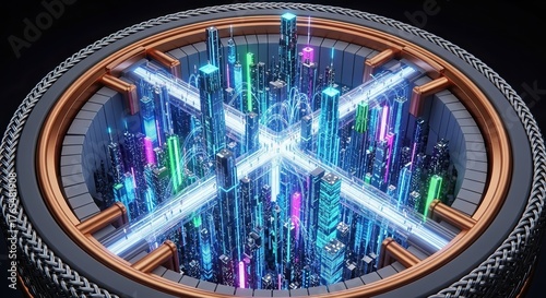 Futuristic Cityscape with Neon Lights and Geometric Patterns.