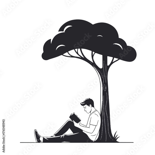Vector illustration of a man sitting under a tree reading a book in a simple black and white style.