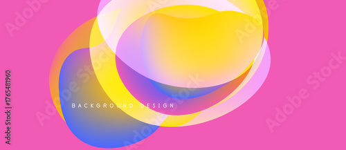 Abstract colorful shapes overlap, creating vibrant visual effect. Pink background complements yellow, blue gradients. Modern design element.