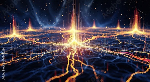 Futuristic digital landscape with a glowing energy network and light streams.