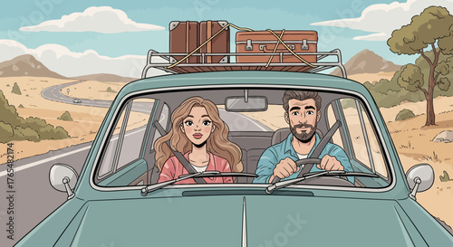 Happy couple embarking on a road trip adventure in a vintage car with luggage on the roof