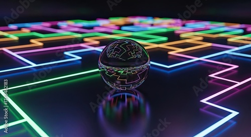 Futuristic Glowing Maze with Reflective Sphere Abstract Digital Art.
