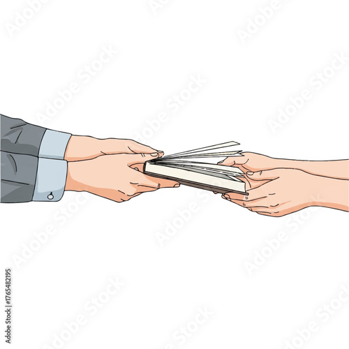 Vector illustration of two hands exchanging a book against a plain white background.