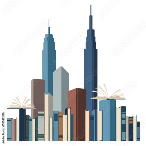 Vector illustration of a city skyline with skyscrapers and books in a modern, blue and brown color palette against a white background.