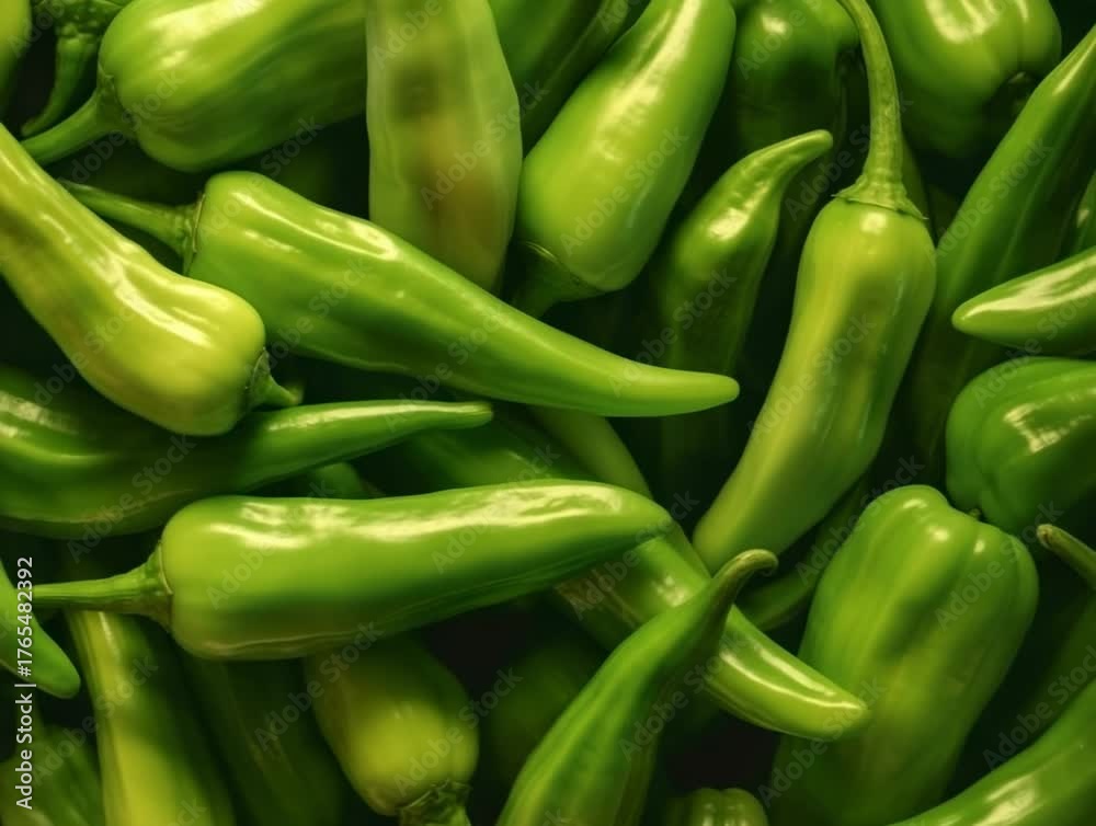 Green chili peppers piled together in vibrant display at a local market during morning hours